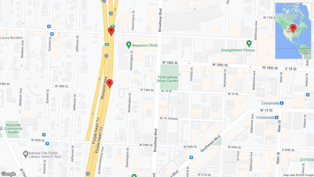 A detailed map that shows the affected road due to 'Broken down vehicle on northbound I-35 in Kansas City' on November 13th at 3:59 p.m.