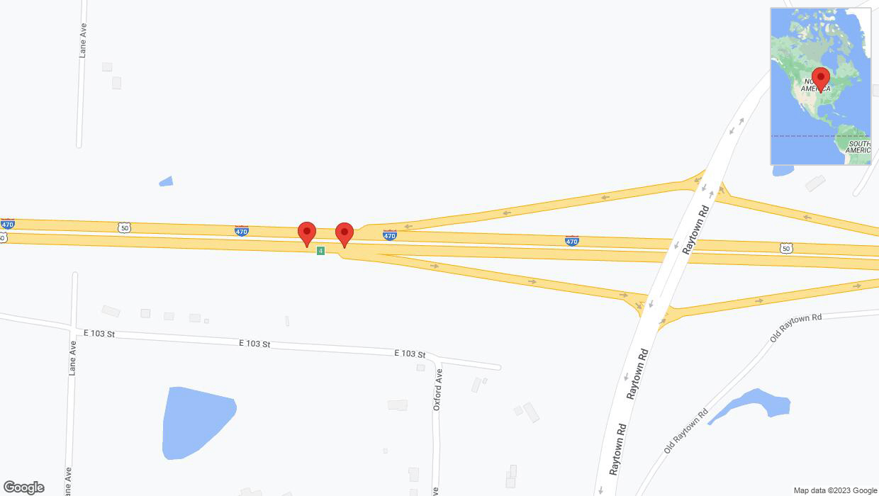 A detailed map that shows the affected road due to 'Broken down vehicle on eastbound I-470 in Kansas City' on November 6th at 6:07 p.m.
