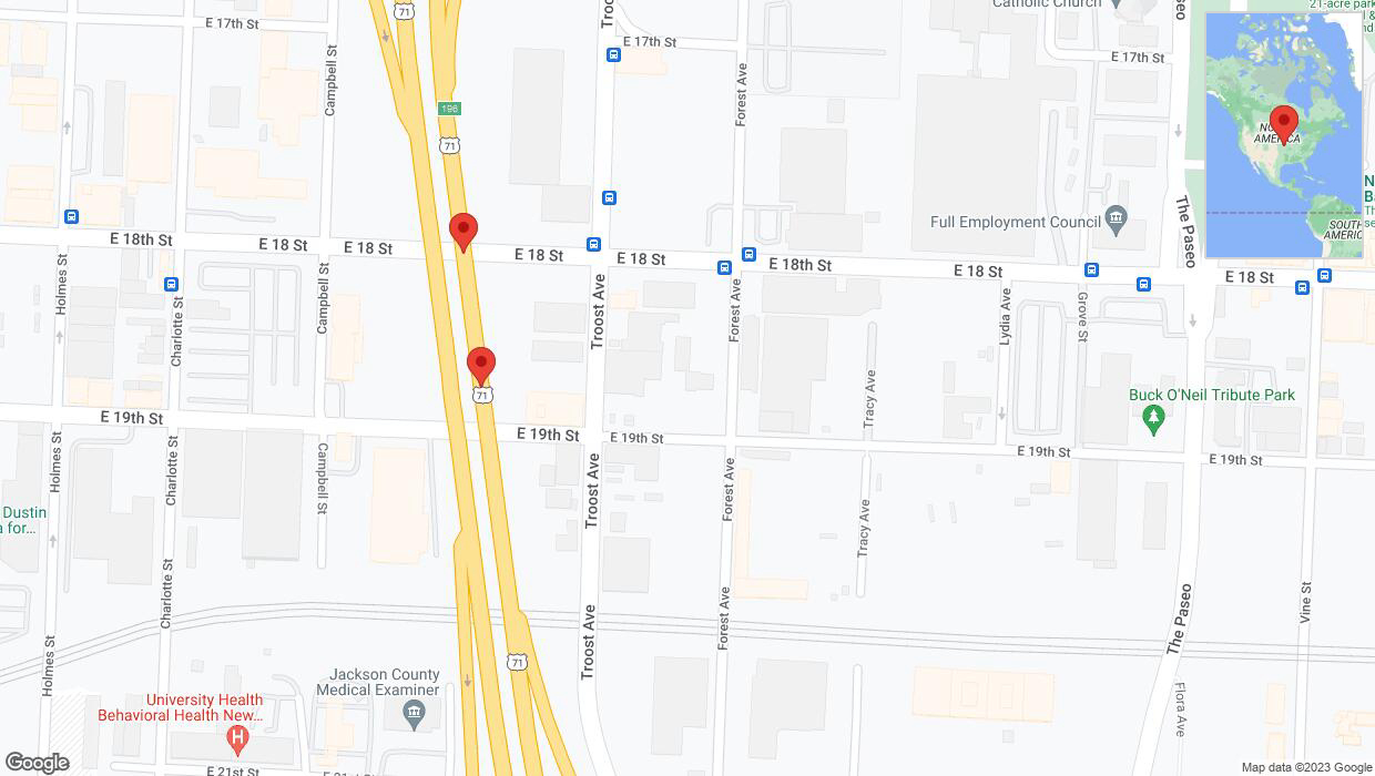 A detailed map that shows the affected road due to 'Warning: Crash on northbound US-71 in Kansas City' on November 6th at 5:31 p.m.