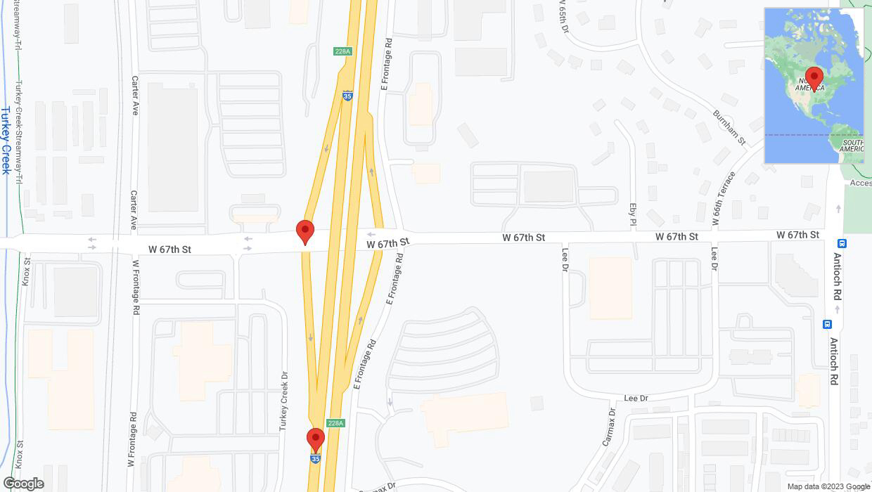 A detailed map that shows the affected road due to 'Broken down vehicle on West 67th Street in Shawnee' on November 6th at 5:55 p.m.