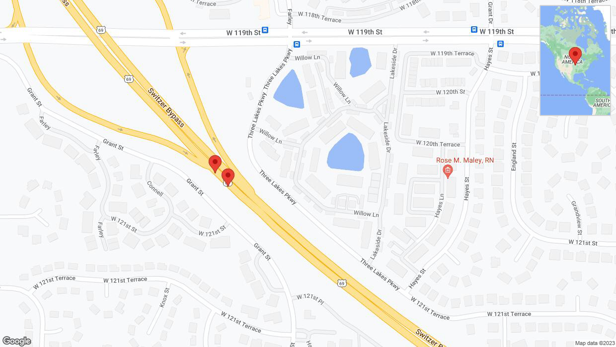 A detailed map that shows the affected road due to 'Lane on US-69 closed in Overland Park' on November 6th at 6:19 p.m.