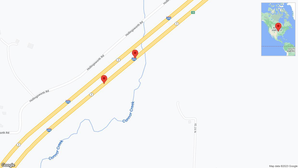 A detailed map that shows the affected road due to 'Broken down vehicle on northbound I-435 in Kansas City' on November 6th at 6:31 p.m.