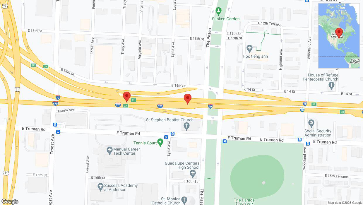 A detailed map that shows the affected road due to 'Broken down vehicle on eastbound I-70 in Kansas City' on November 6th at 6:37 p.m.