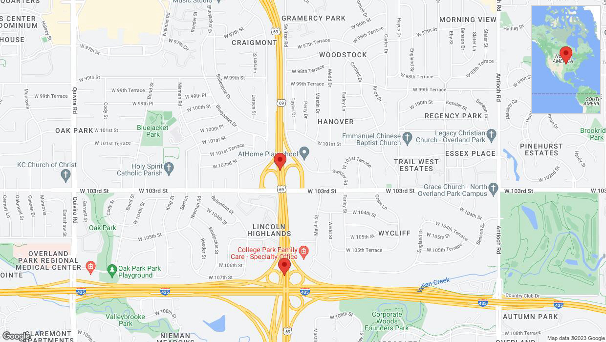 A detailed map that shows the affected road due to 'Lane on US-69 closed in Overland Park' on November 7th at 4:18 p.m.