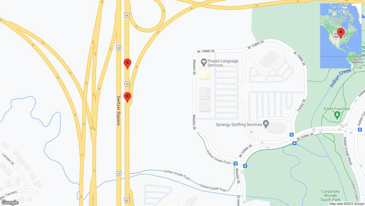 A detailed map that shows the affected road due to 'Broken down vehicle on northbound US-69 in Overland Park' on November 7th at 6:36 p.m.