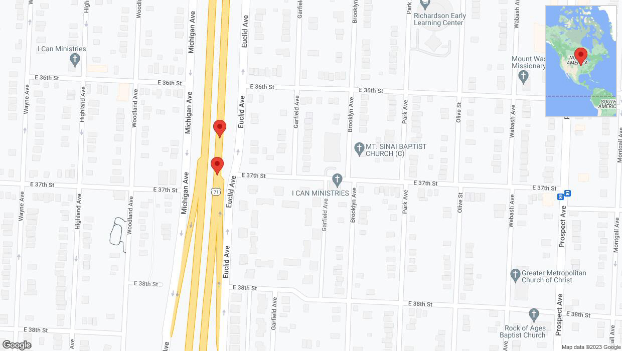 A detailed map that shows the affected road due to 'Broken down vehicle on northbound the Bruce R Watkins Expressway/US-71 in Kansas City' on November 7th at 8:36 p.m.