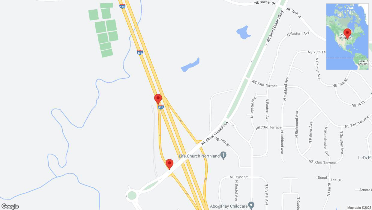 A detailed map that shows the affected road due to 'Broken down vehicle on Northeast Shoal Creek Parkway in Kansas City' on November 7th at 8:54 p.m.