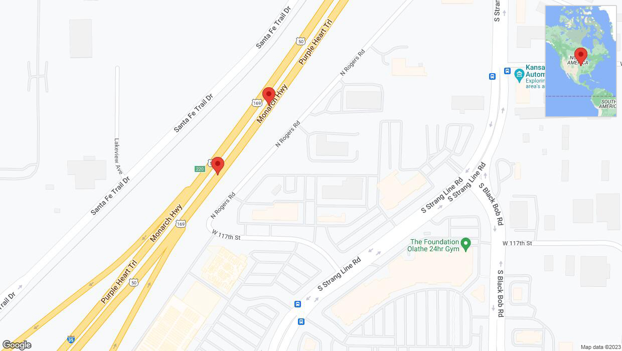 A detailed map that shows the affected road due to 'Broken down vehicle on eastbound I-35 in Olathe' on November 7th at 11:17 p.m.