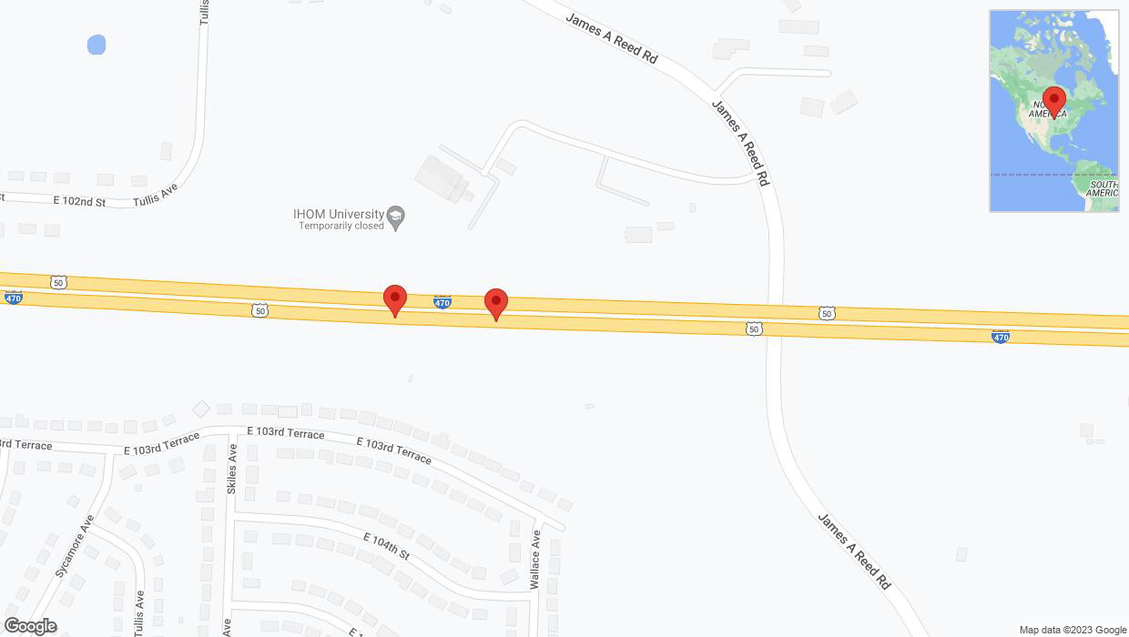 A detailed map that shows the affected road due to 'Broken down vehicle on eastbound I-470 in Kansas City' on November 12th at 4:51 p.m.