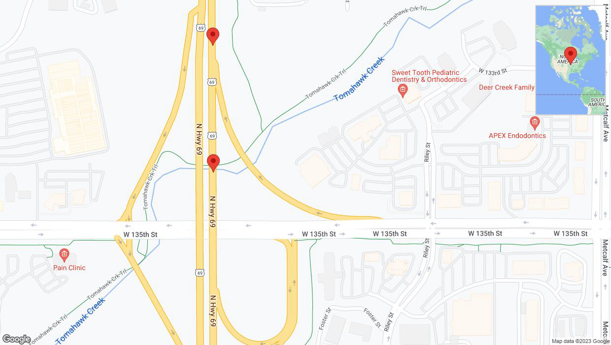 A detailed map that shows the affected road due to 'Lane on US-69 closed in Overland Park' on November 8th at 12:23 p.m.