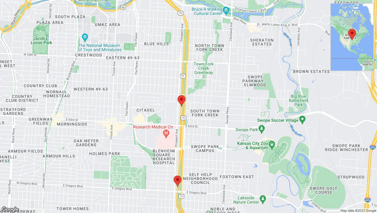 A detailed map that shows the affected road due to 'Kansas City: Bruce R Watkins Expressway/US-71 temporarily closed' on November 8th at 1:05 p.m.
