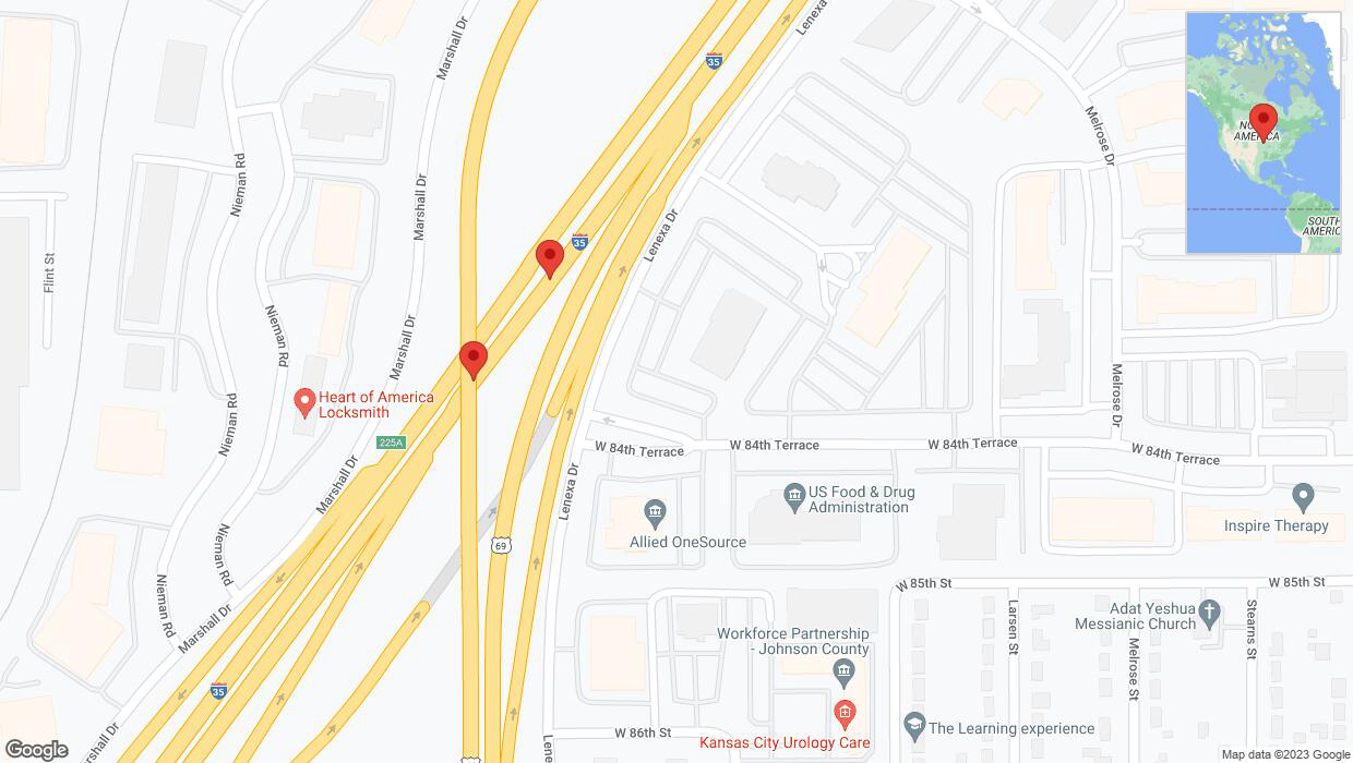A detailed map that shows the affected road due to 'Broken down vehicle on eastbound I-35 in Lenexa' on November 8th at 2:41 p.m.