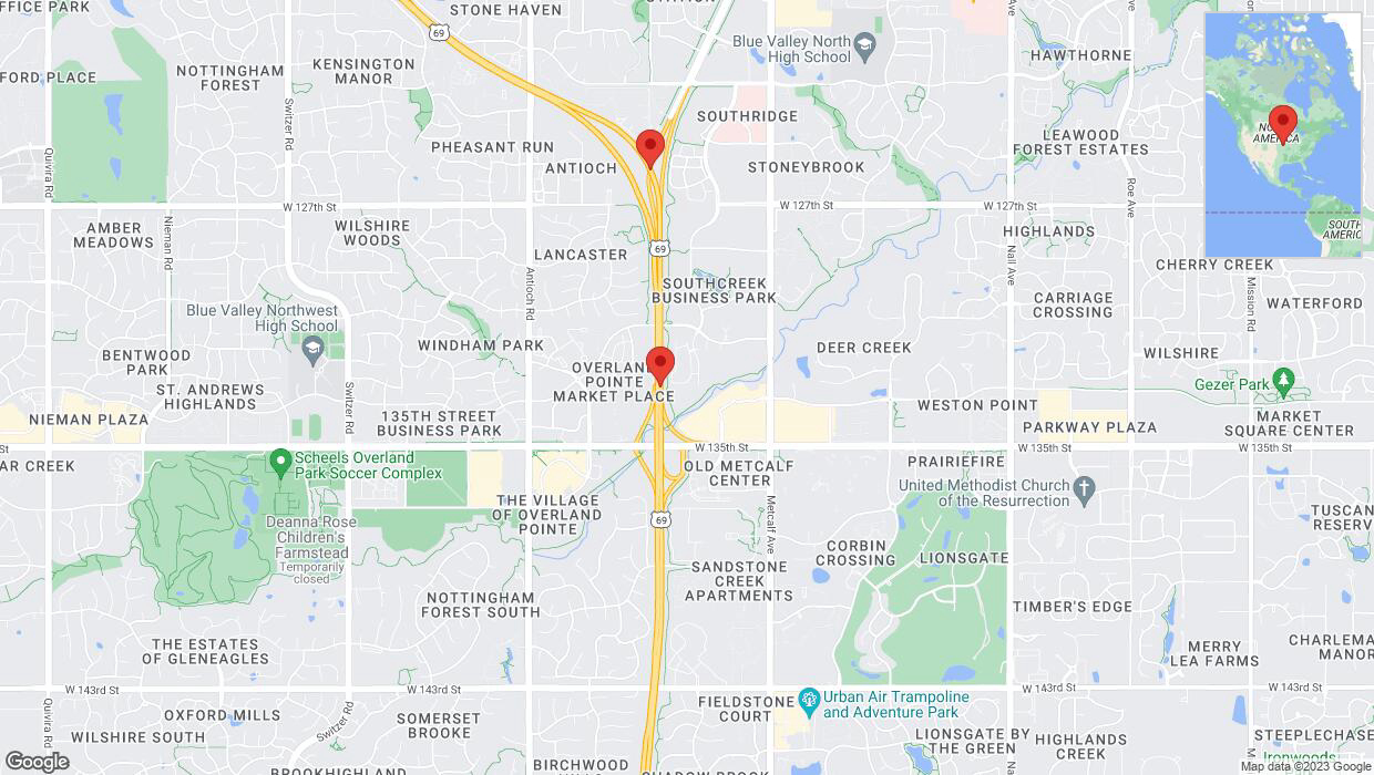 A detailed map that shows the affected road due to 'Warning: Crash on northbound US-69 in Overland Park' on November 8th at 2:41 p.m.