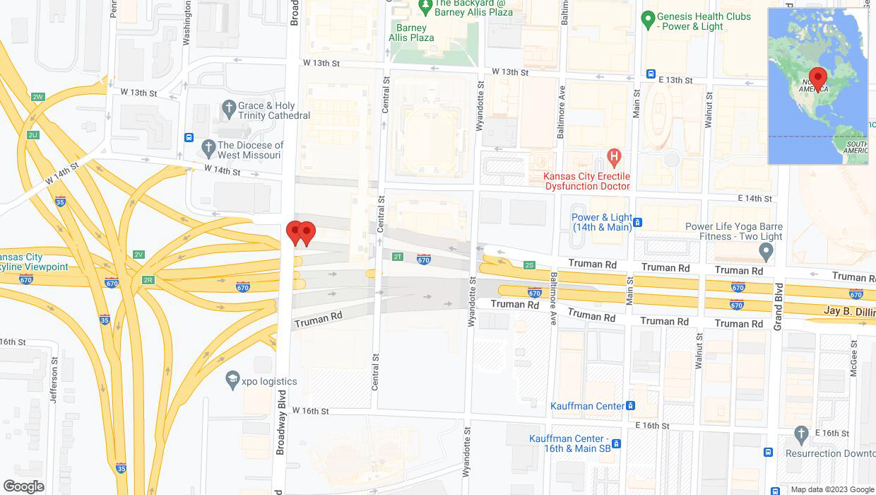 A detailed map that shows the affected road due to 'Broken down vehicle on East 14th Street in Kansas City' on November 8th at 2:47 p.m.
