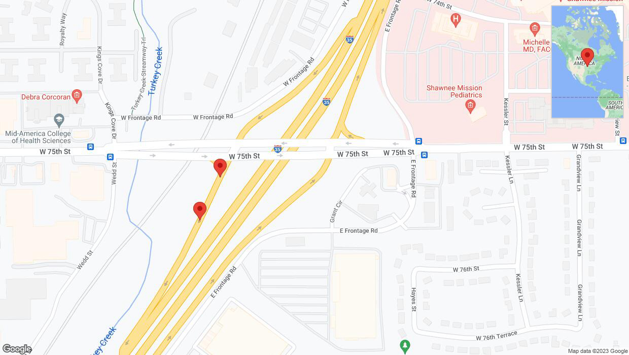 A detailed map that shows the affected road due to 'Broken down vehicle on West 75th Street in Merriam' on November 8th at 2:53 p.m.