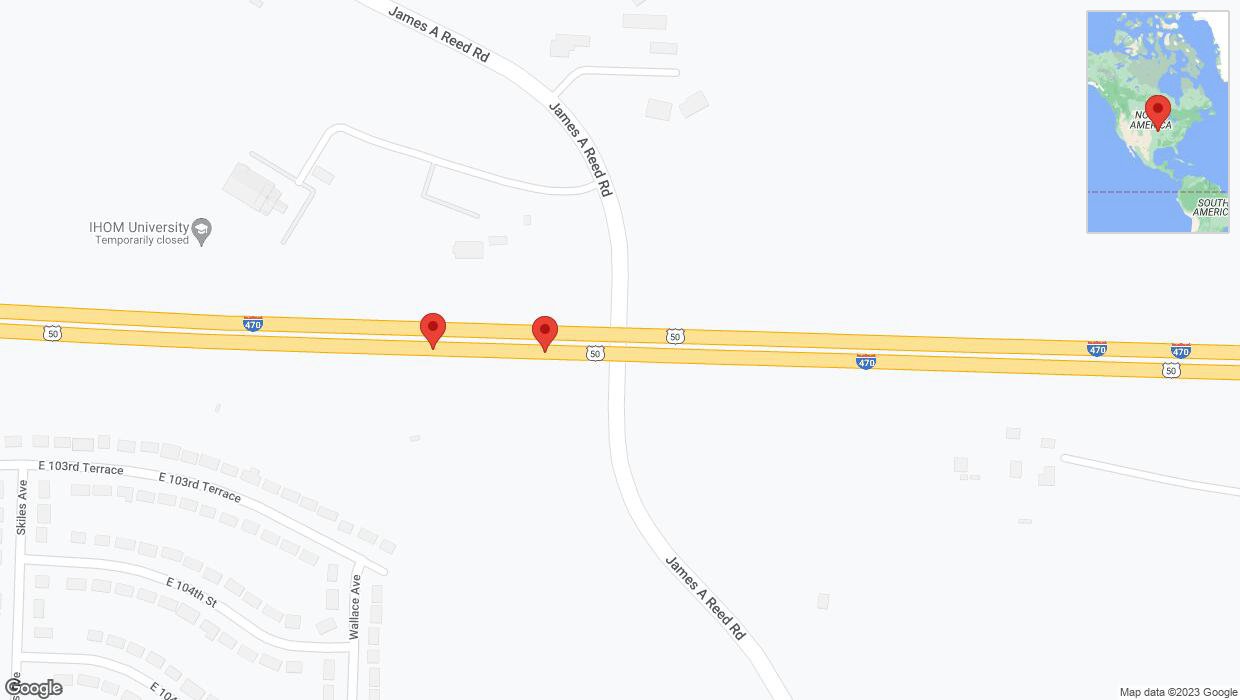 A detailed map that shows the affected road due to 'Broken down vehicle on eastbound I-470 in Kansas City' on November 8th at 5:47 p.m.
