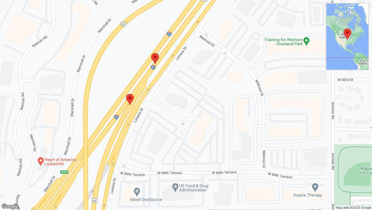 A detailed map that shows the affected road due to 'Broken down vehicle on northbound US-69 in Lenexa' on November 8th at 6:53 p.m.