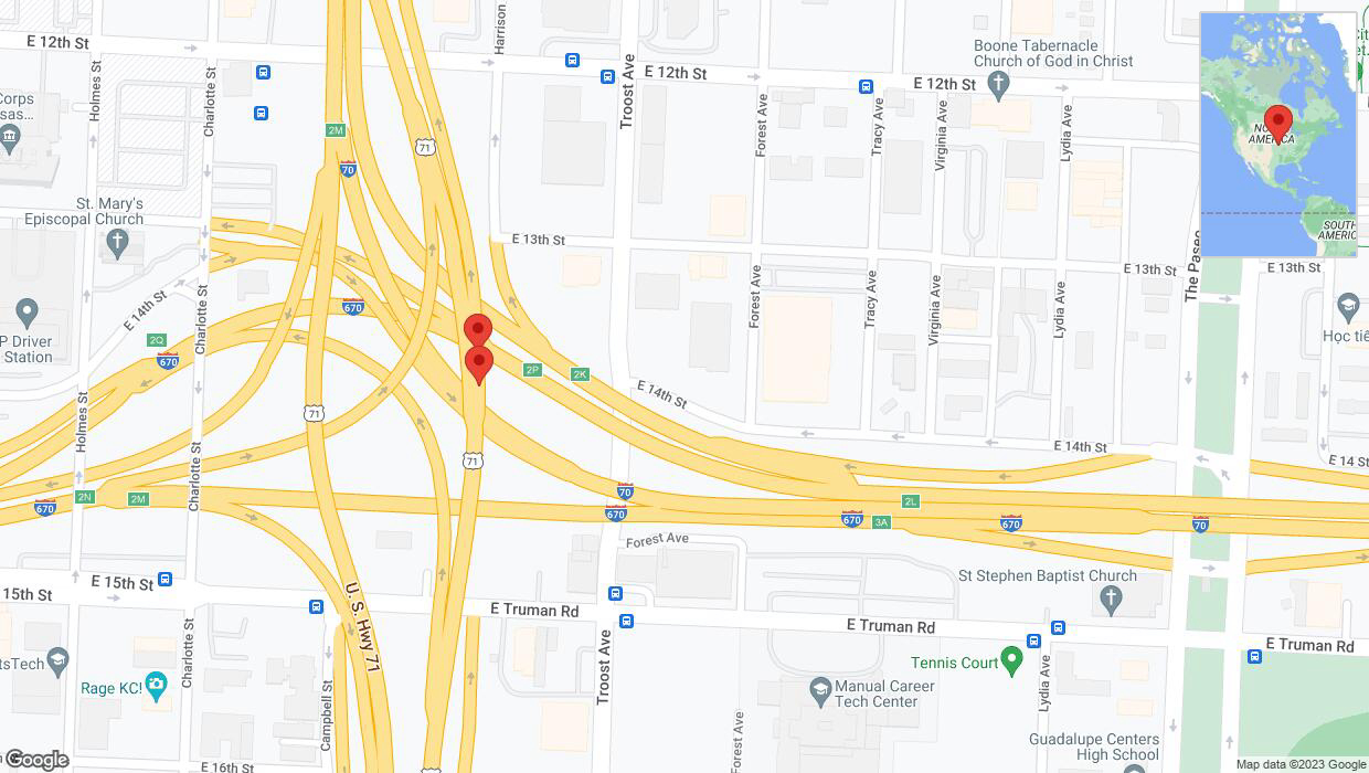 A detailed map that shows the affected road due to 'Broken down vehicle on the U. S. Highway 71 in Kansas City' on November 8th at 9:47 p.m.