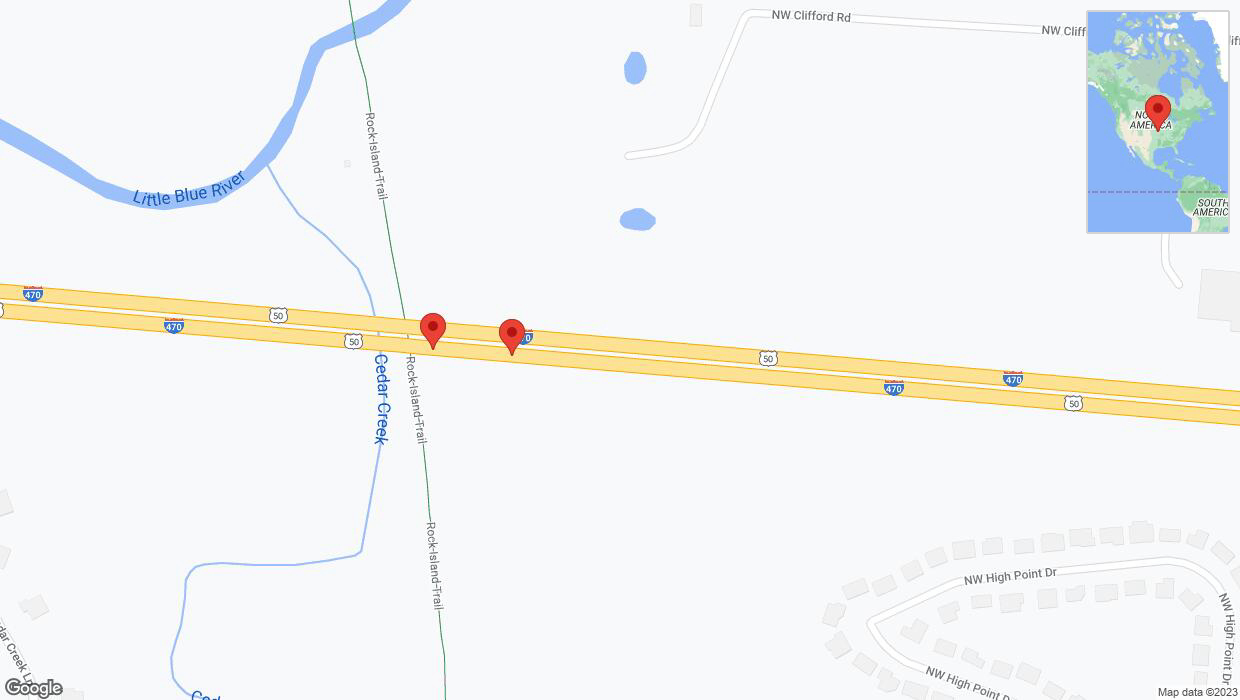 A detailed map that shows the affected road due to 'Warning: Crash on eastbound I-470 in Lee's Summit' on November 8th at 11:47 p.m.
