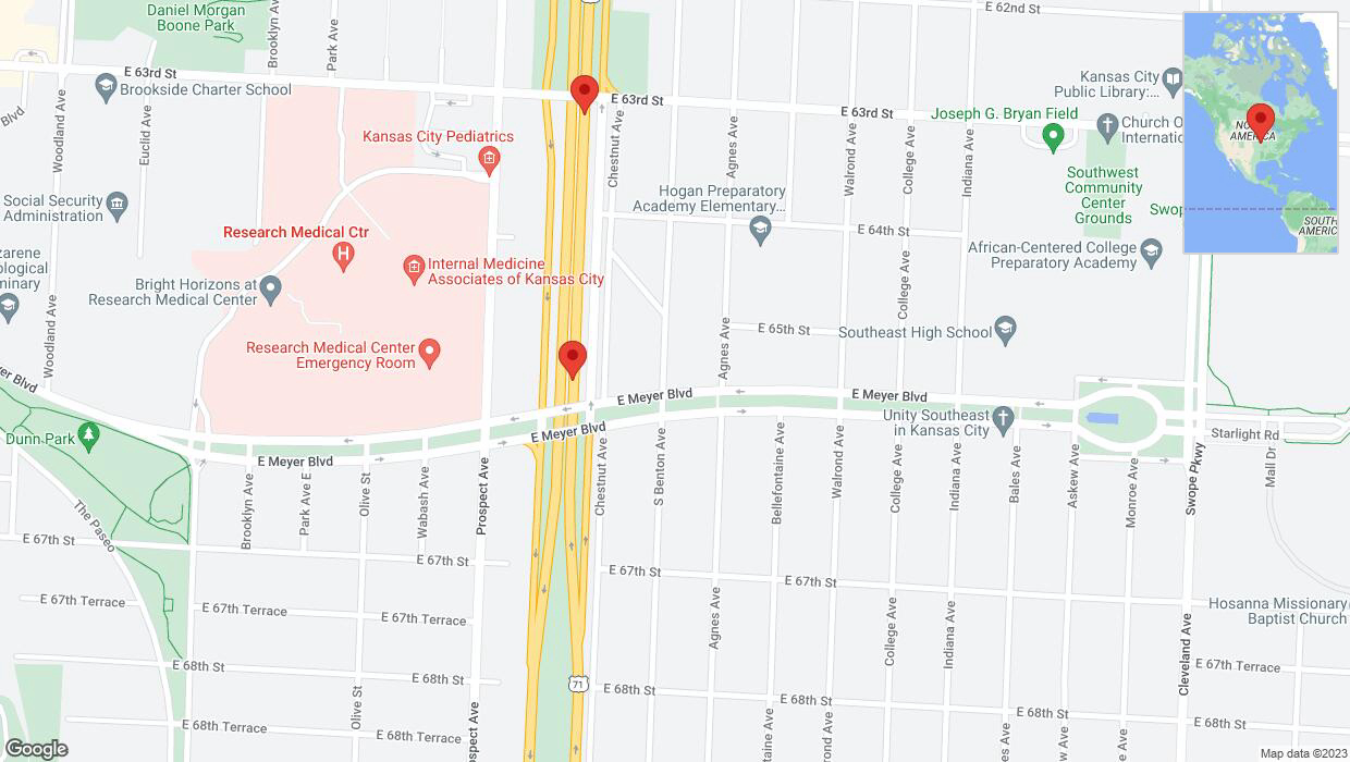 A detailed map that shows the affected road due to 'Broken down vehicle on northbound the Bruce R Watkins Expressway/US-71 in Kansas City' on November 10th at 10:25 p.m.