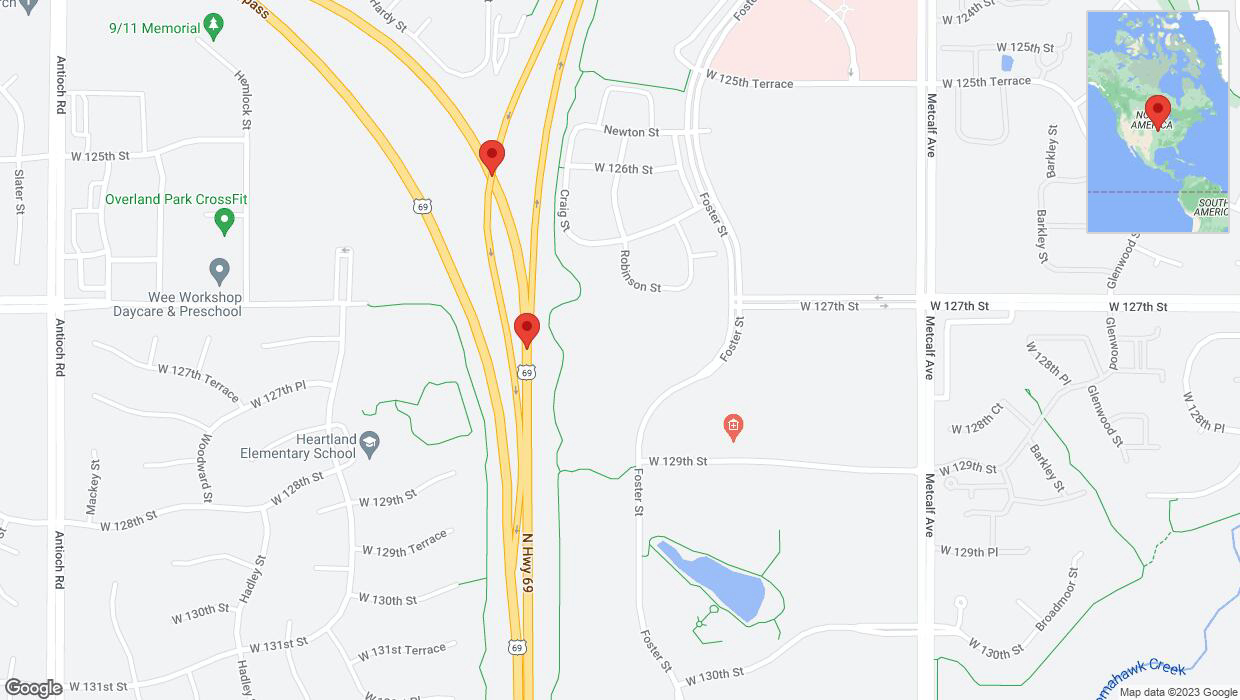 A detailed map that shows the affected road due to 'Lane on US-69 closed in Overland Park' on November 9th at 12:21 p.m.
