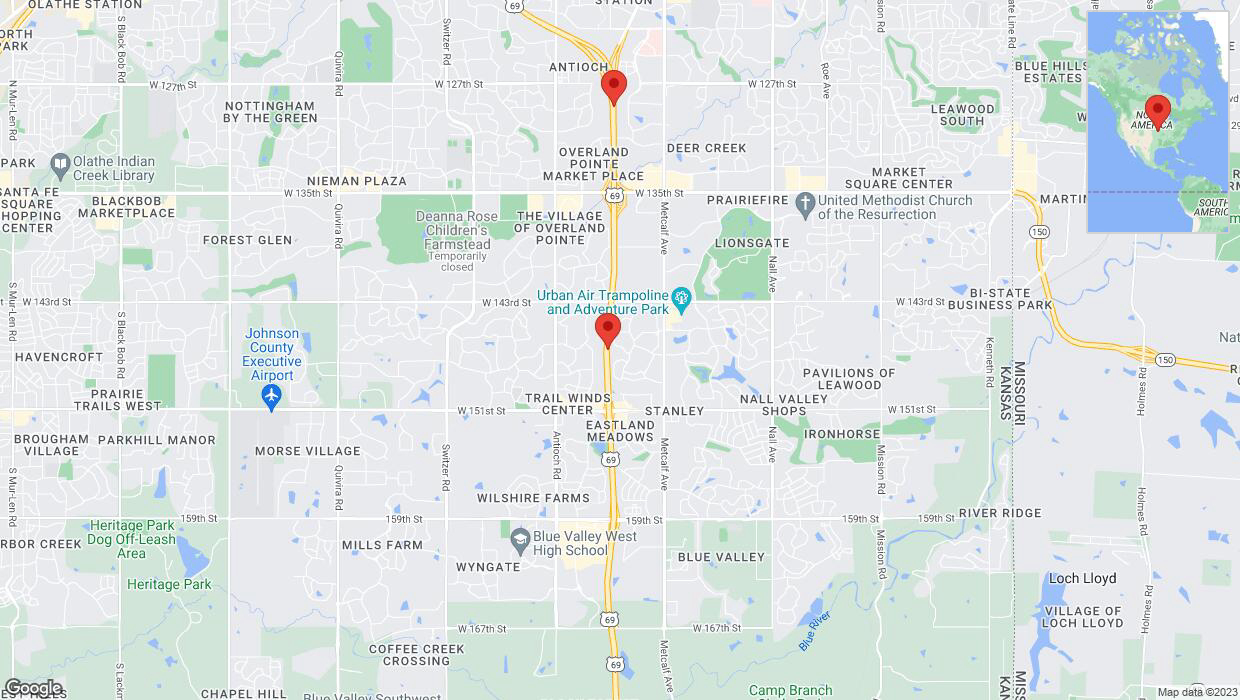 A detailed map that shows the affected road due to 'Lane on US-69 closed in Overland Park' on November 9th at 2:27 p.m.
