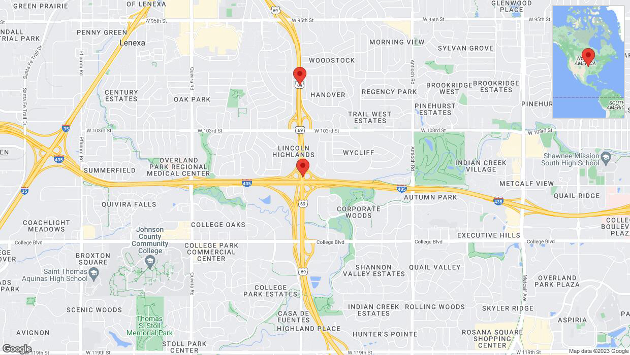 A detailed map that shows the affected road due to 'Warning: Crash on northbound US-69 in Overland Park' on November 9th at 3:09 p.m.