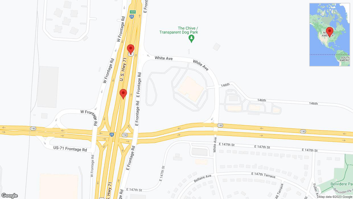 A detailed map that shows the affected road due to 'Broken down vehicle on northbound I-40/US-71 in Grandview' on November 9th at 4:03 p.m.