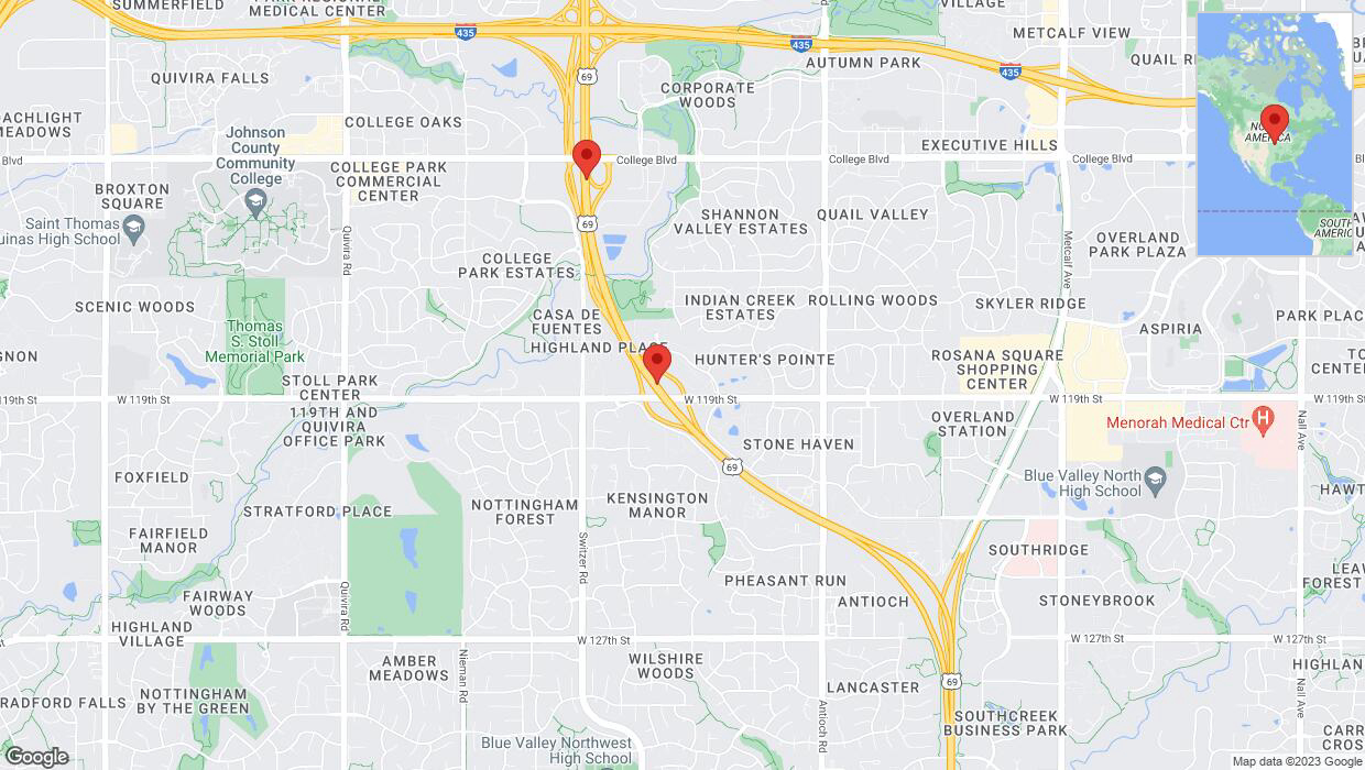 A detailed map that shows the affected road due to 'Lane on US-69 closed in Overland Park' on November 9th at 4:27 p.m.
