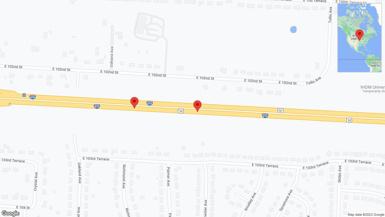 A detailed map that shows the affected road due to 'Broken down vehicle on eastbound I-470 in Kansas City' on November 9th at 4:51 p.m.