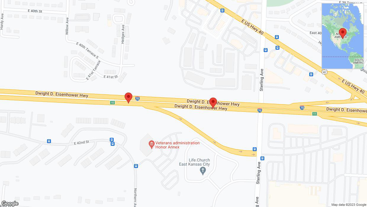 A detailed map that shows the affected road due to 'Broken down vehicle on eastbound I-70 in Kansas City' on November 9th at 4:57 p.m.