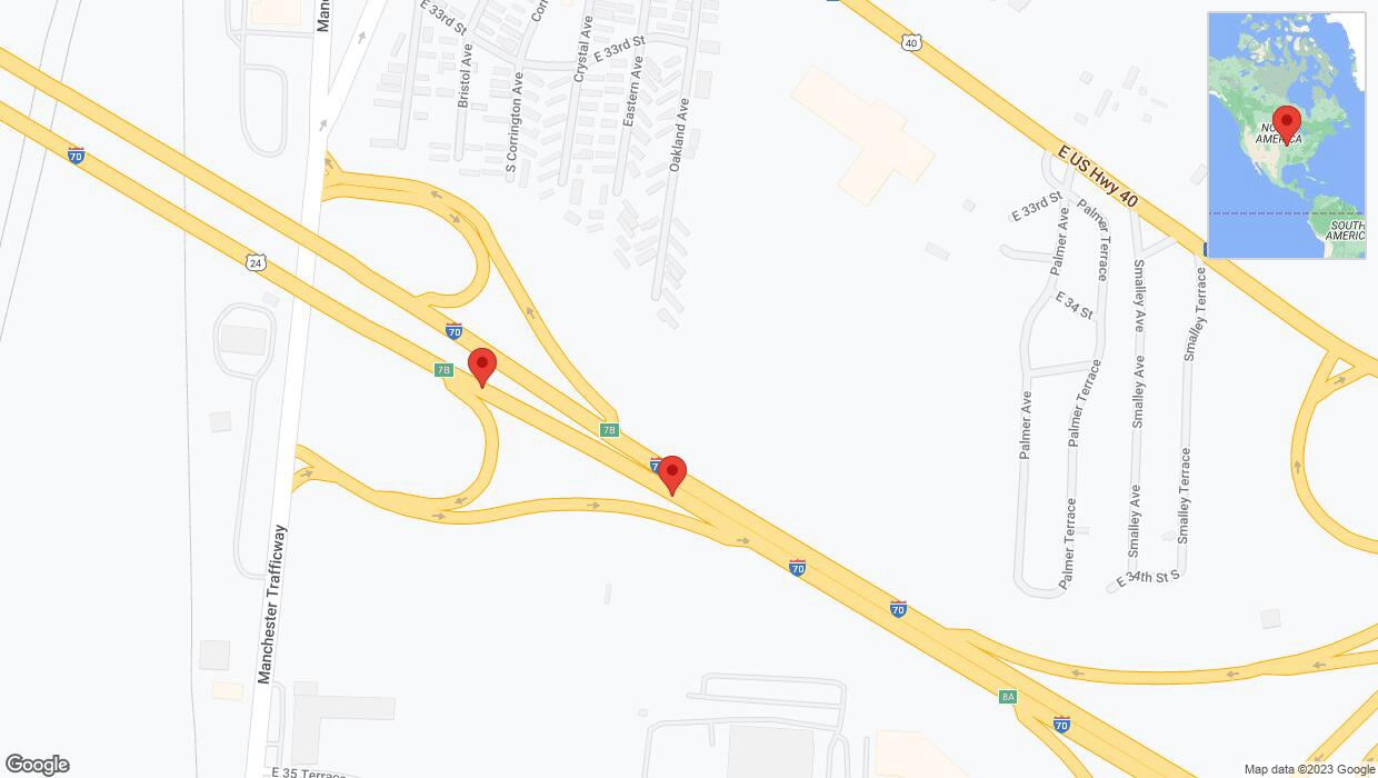 A detailed map that shows the affected road due to 'Broken down vehicle on eastbound I-70 in Kansas City' on November 13th at 3 p.m.