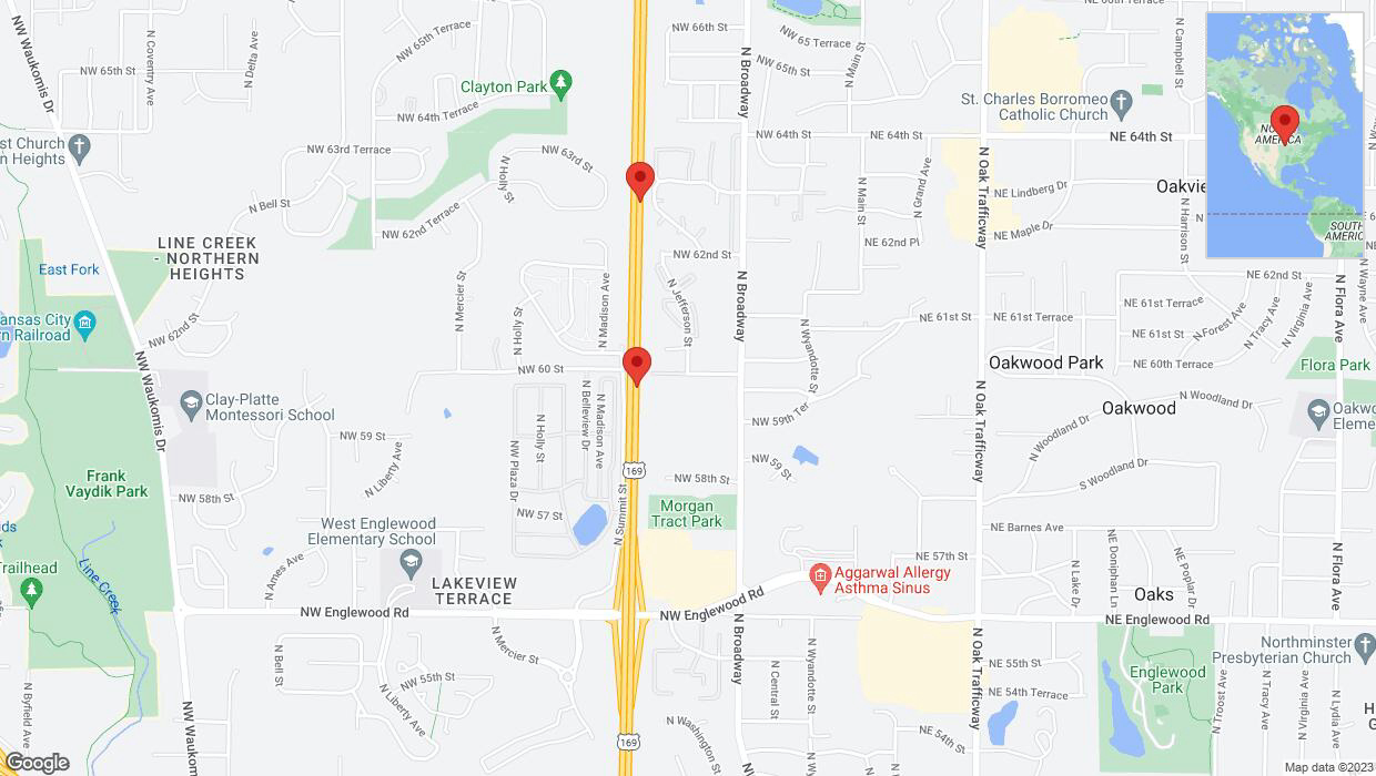A detailed map that shows the affected road due to 'Broken down vehicle on northbound US-169 in Kansas City' on November 9th at 7:21 p.m.