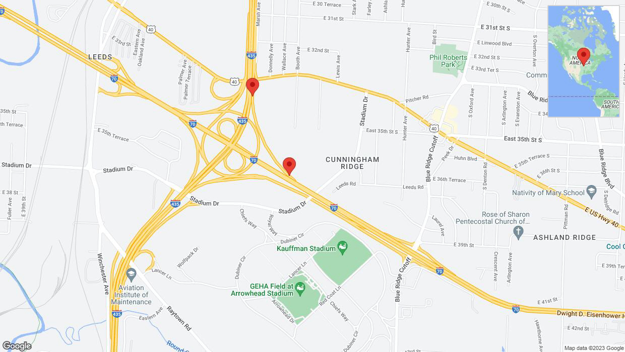 A detailed map that shows the affected road due to 'Broken down vehicle on Booth Avenue in Kansas City' on November 9th at 8:03 p.m.