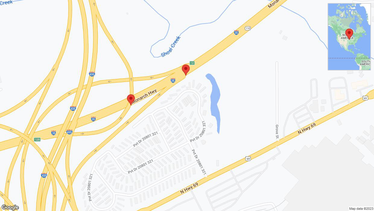 A detailed map that shows the affected road due to 'Broken down vehicle on northbound I-35 in Liberty' on November 9th at 8:51 p.m.