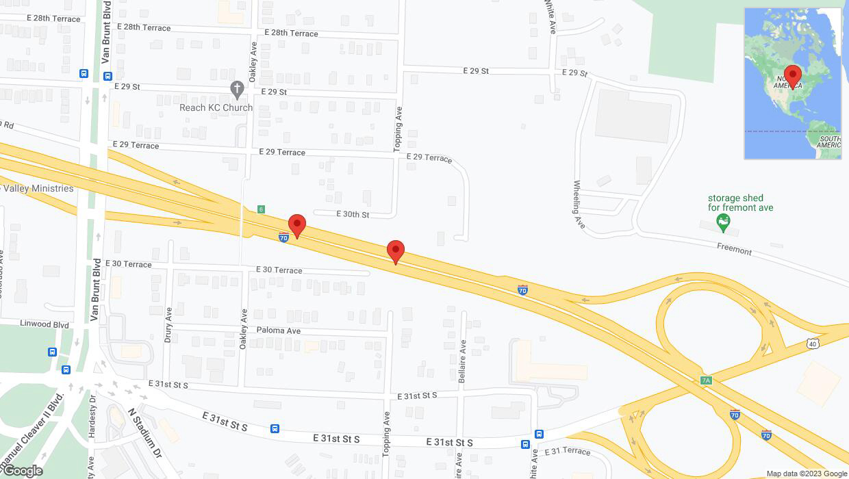 A detailed map that shows the affected road due to 'Broken down vehicle on eastbound I-70 in Kansas City' on November 9th at 10:27 p.m.