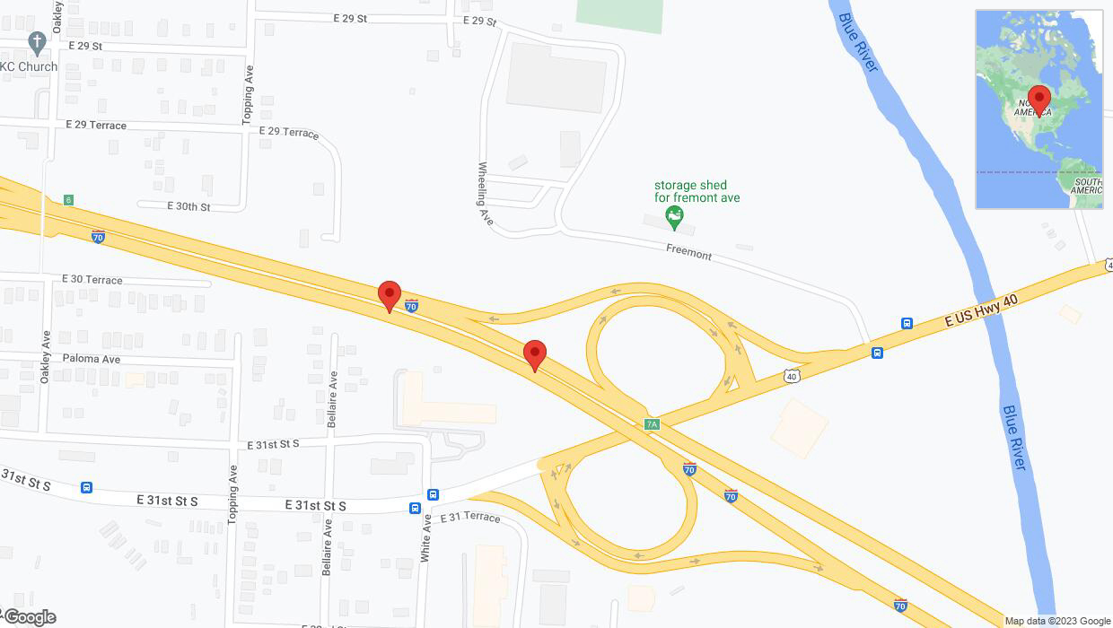 A detailed map that shows the affected road due to 'Broken down vehicle on eastbound I-70 in Kansas City' on November 9th at 10:45 p.m.