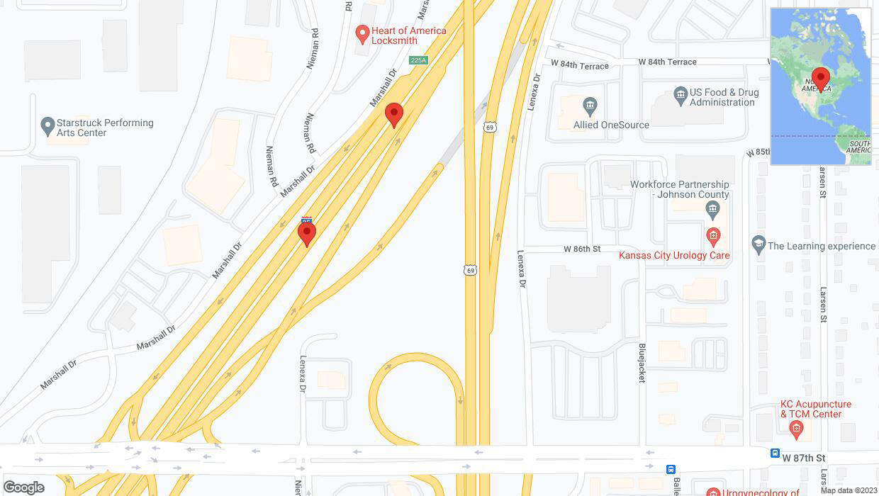A detailed map that shows the affected road due to 'Broken down vehicle on eastbound I-35 in Lenexa' on November 10th at 12:50 p.m.