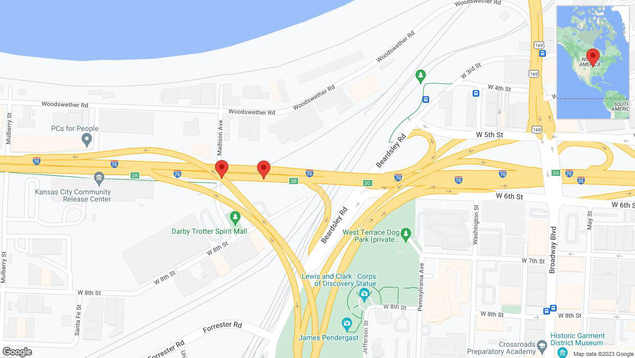 A detailed map that shows the affected road due to 'Broken down vehicle on eastbound I-70 in Kansas City' on November 10th at 1:50 p.m.