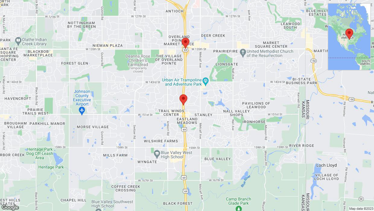 A detailed map that shows the affected road due to 'Lane on US-69 closed in Overland Park' on November 10th at 2:26 p.m.
