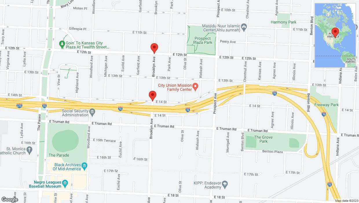A detailed map that shows the affected road due to 'Kansas City: East 14th Street closed' on November 10th at 3:08 p.m.
