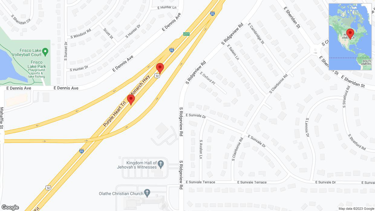 A detailed map that shows the affected road due to 'Broken down vehicle on eastbound I-35 in Olathe' on November 10th at 3:38 p.m.