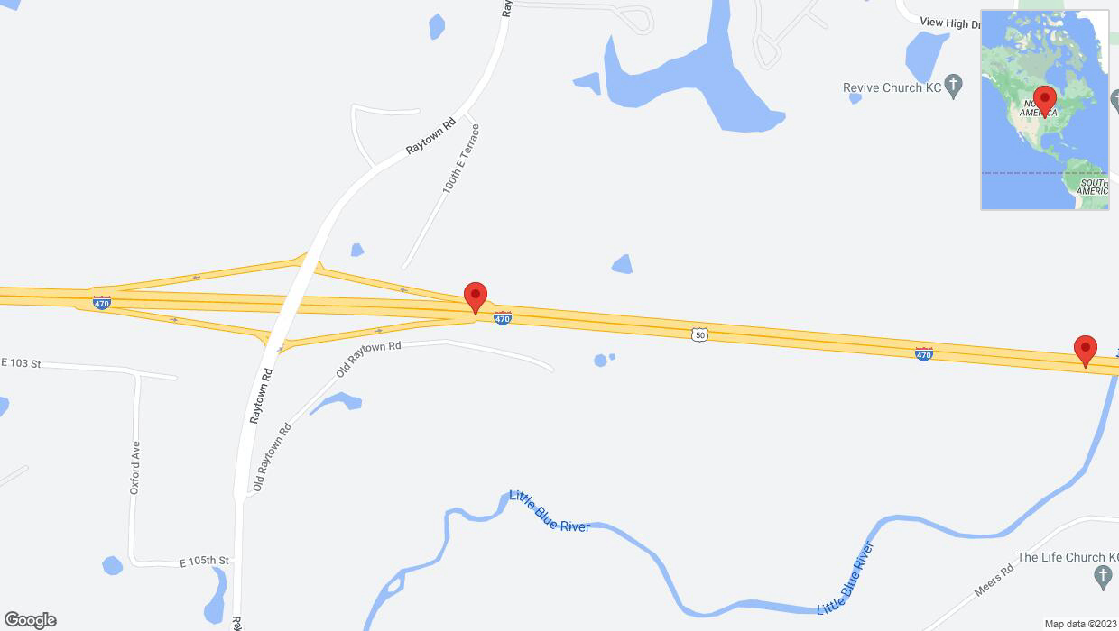 A detailed map that shows the affected road due to 'Crash reported on eastbound I-470 in Kansas City' on November 10th at 4:13 p.m.