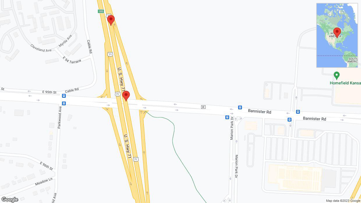 A detailed map that shows the affected road due to 'Broken down vehicle on northbound I-40/US-71 in Kansas City' on November 10th at 6:37 p.m.