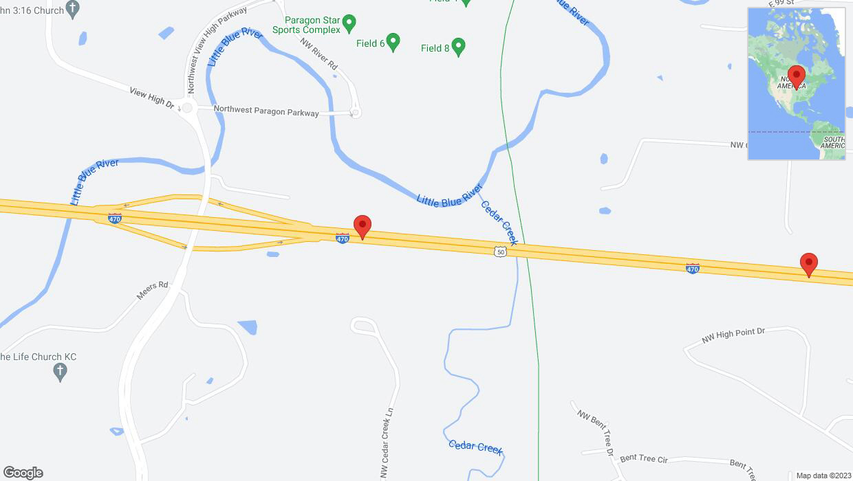 A detailed map that shows the affected road due to 'Warning: Crash on eastbound I-470 in Lee's Summit' on November 10th at 5:31 p.m.