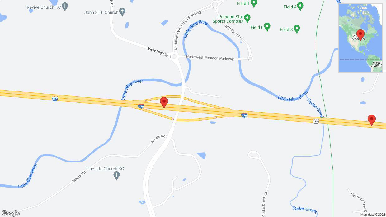 A detailed map that shows the affected road due to 'Warning: Crash on eastbound I-470 in Kansas City' on November 10th at 5:37 p.m.