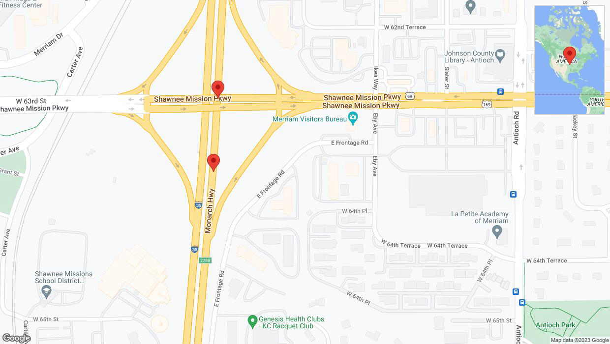 A detailed map that shows the affected road due to 'Broken down vehicle on northbound I-35 in Merriam' on November 10th at 7:31 p.m.