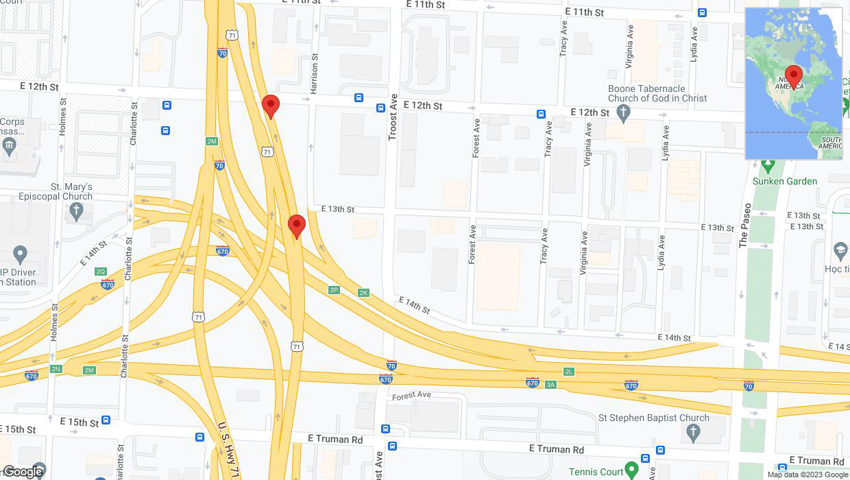 A detailed map that shows the affected road due to 'Broken down vehicle on the George Brett Super Highway in Kansas City' on November 10th at 7:43 p.m.