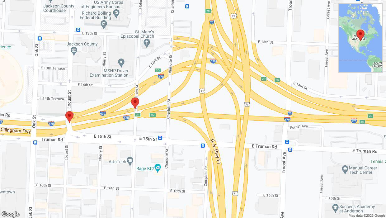 A detailed map that shows the affected road due to 'Broken down vehicle on East 14th Street in Kansas City' on November 10th at 8:25 p.m.