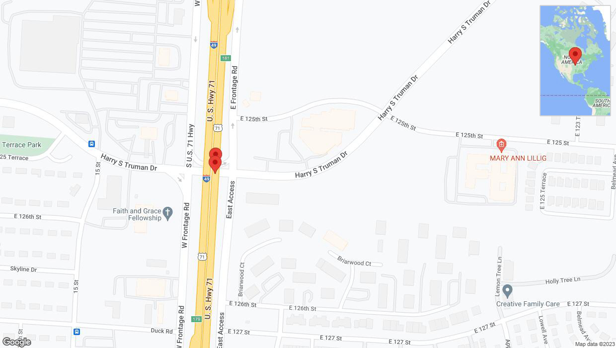A detailed map that shows the affected road due to 'Broken down vehicle on northbound I-40/US-71 in Grandview' on November 10th at 9:43 p.m.